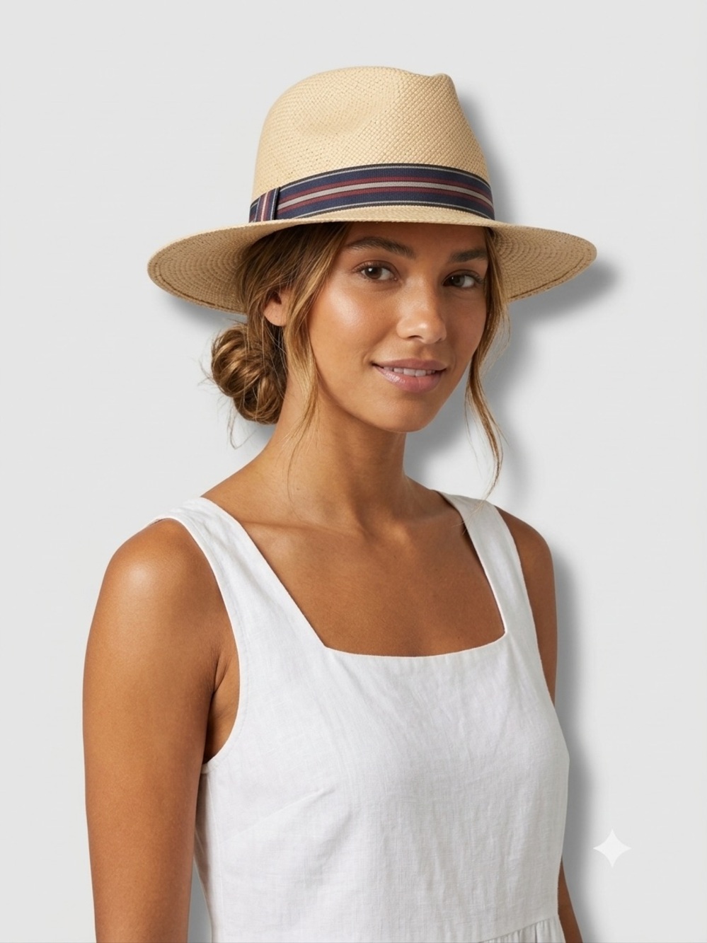 Wide-Brim Straw Fedora with Navy-Striped Band